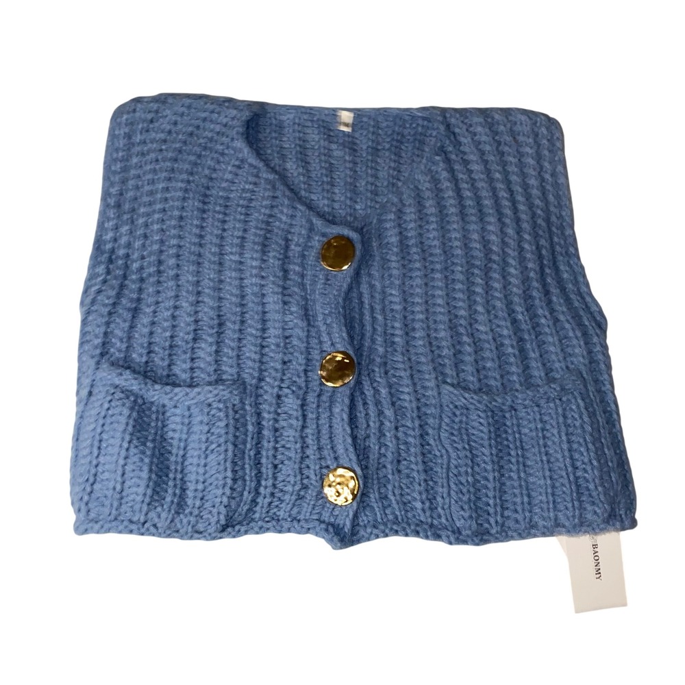 Baonmy Blue‎ Chunky Ribbed Knit Oversized Sweater Vest Gold Buttons NWT Medium